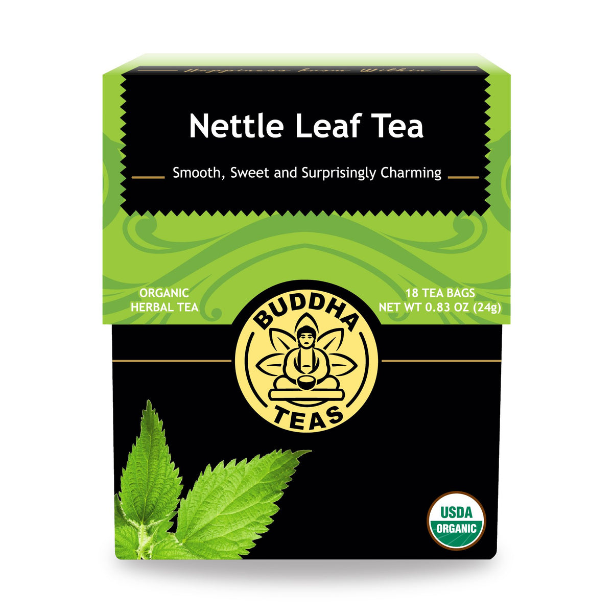 Buddha Teas nettle leaf tea box shows organic, caffeine-free herbal blend.