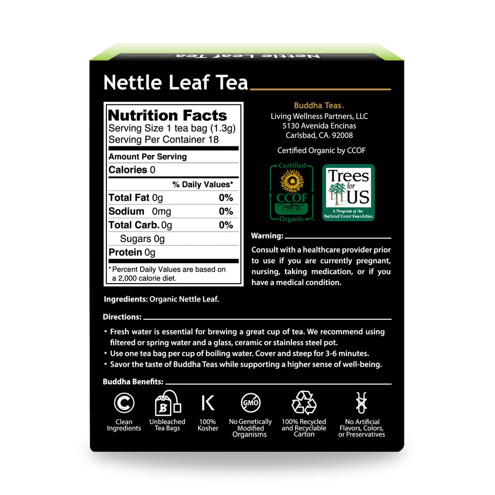 Buddha Teas nettle leaf tea cup highlights subtle flavor for any time.