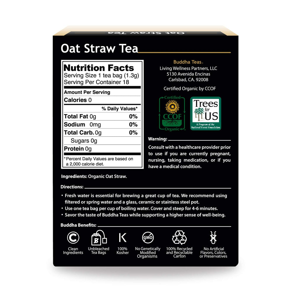 Buddha Teas Oat Straw Tea cup steeping, caffeine-free and soothing.