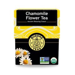 Buddha Teas organic chamomile tea bag close-up promoting relaxation