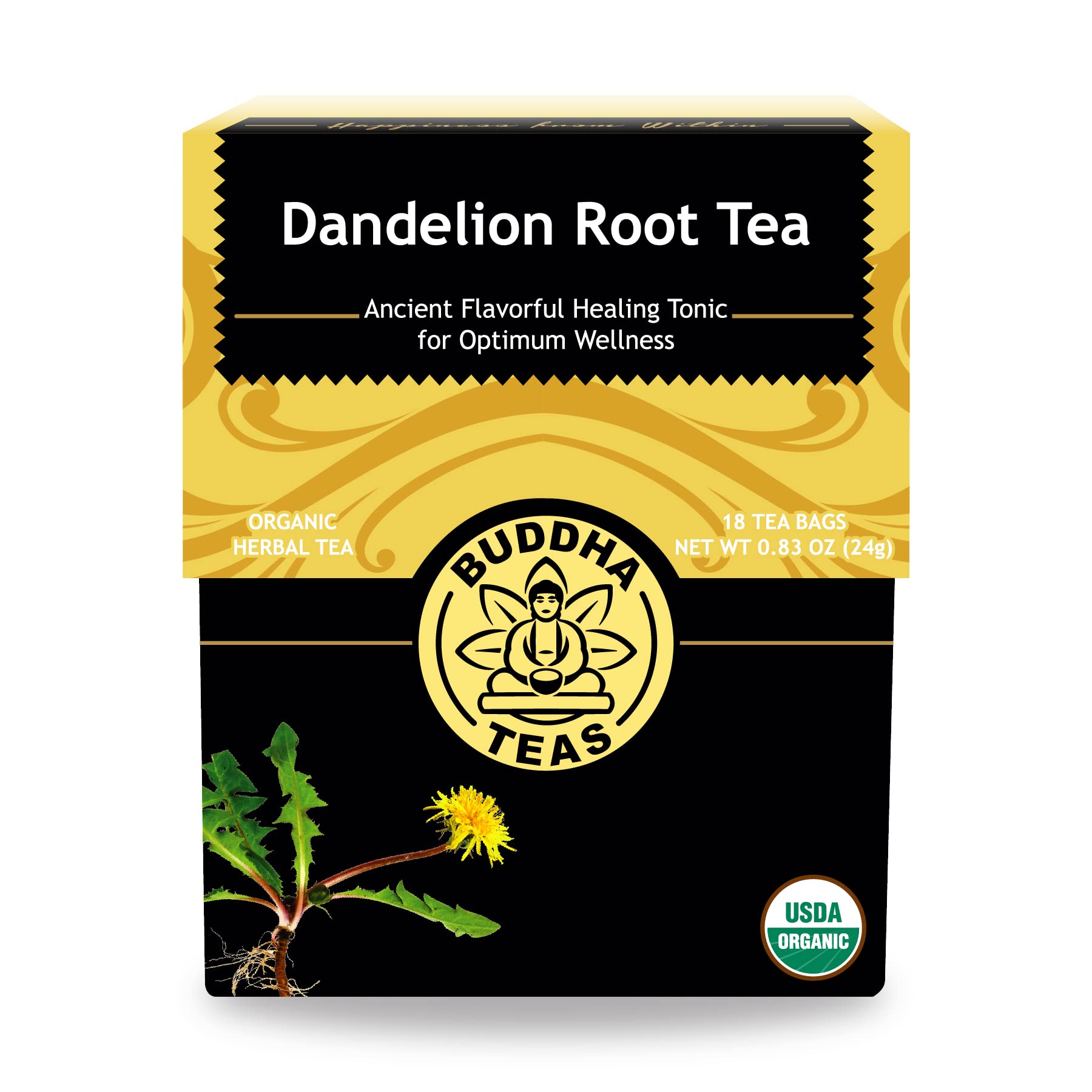 Buddha Teas Organic Dandelion Root tea bags for a caffeine-free, earthy brew.