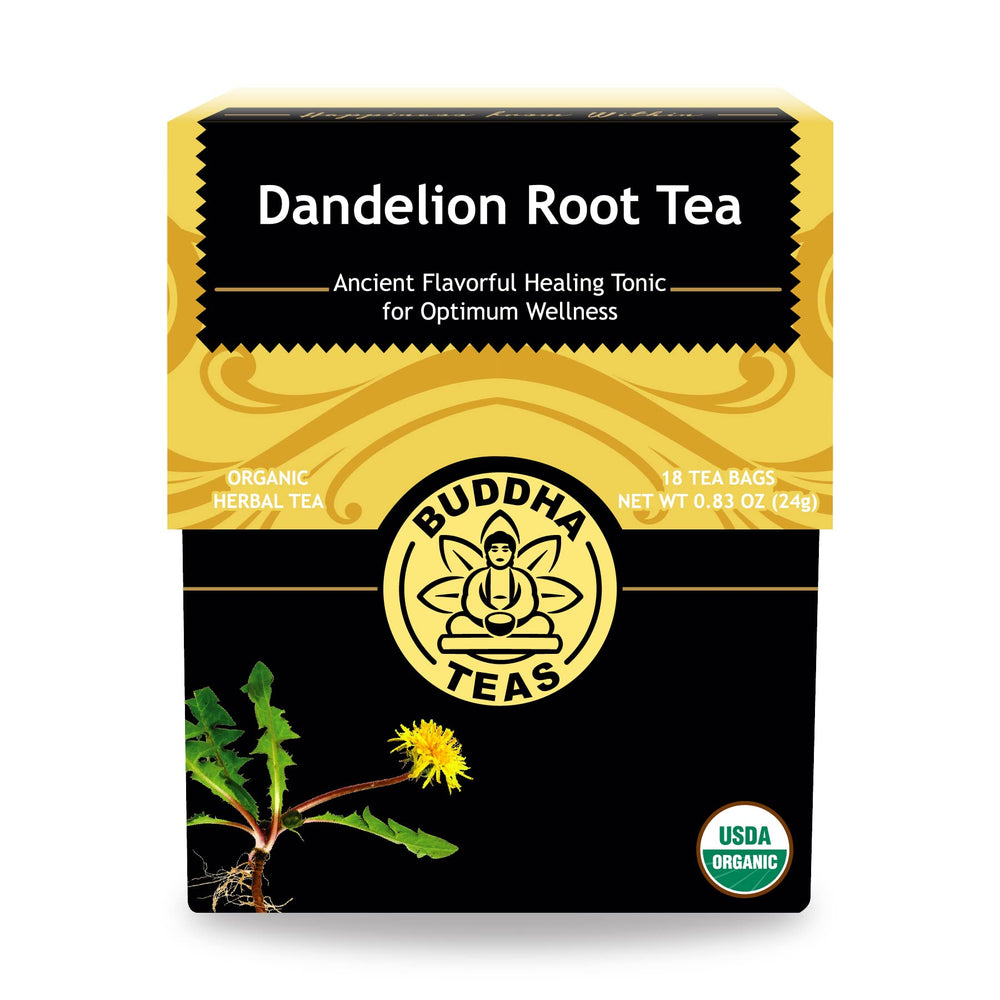 Buddha Teas Organic Dandelion Root tea bags for a caffeine-free, earthy brew.
