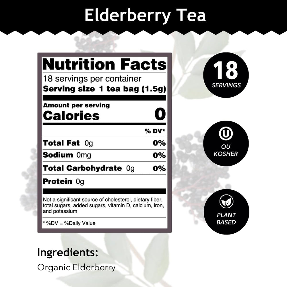 Buddha Teas Organic Elderberry tea cup—earthy, tart flavor ideal with honey.