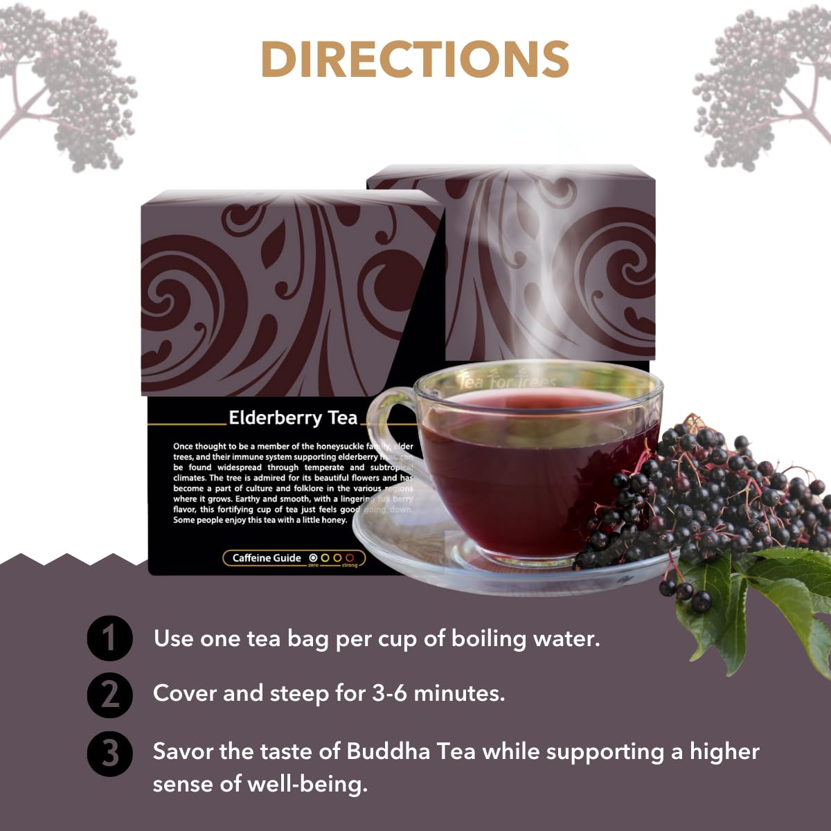 Buddha Teas Organic Elderberry tea ingredients—organic elderberries from European farms.