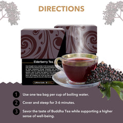 Buddha Teas Organic Elderberry tea ingredients—organic elderberries from European farms.