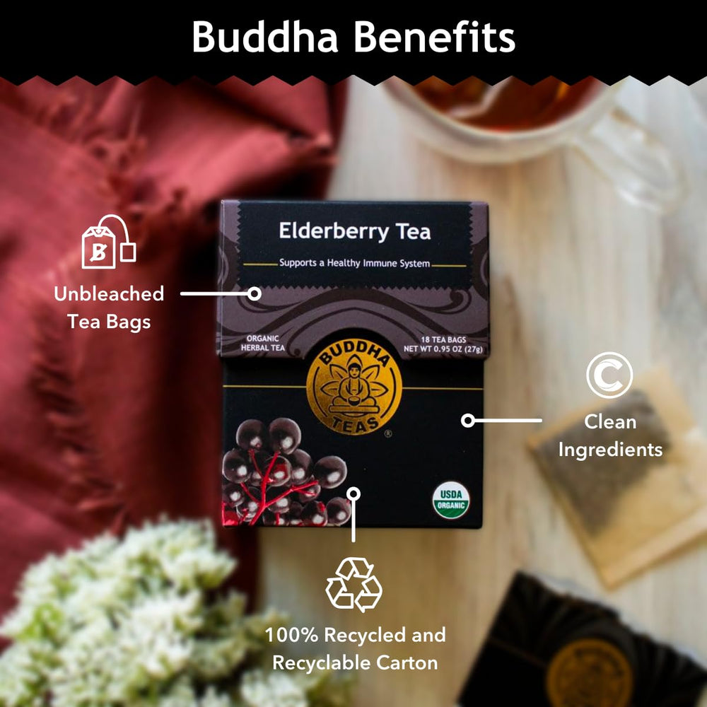 Buddha Teas Organic Elderberry tea steep—hot or iced, versatile brew.