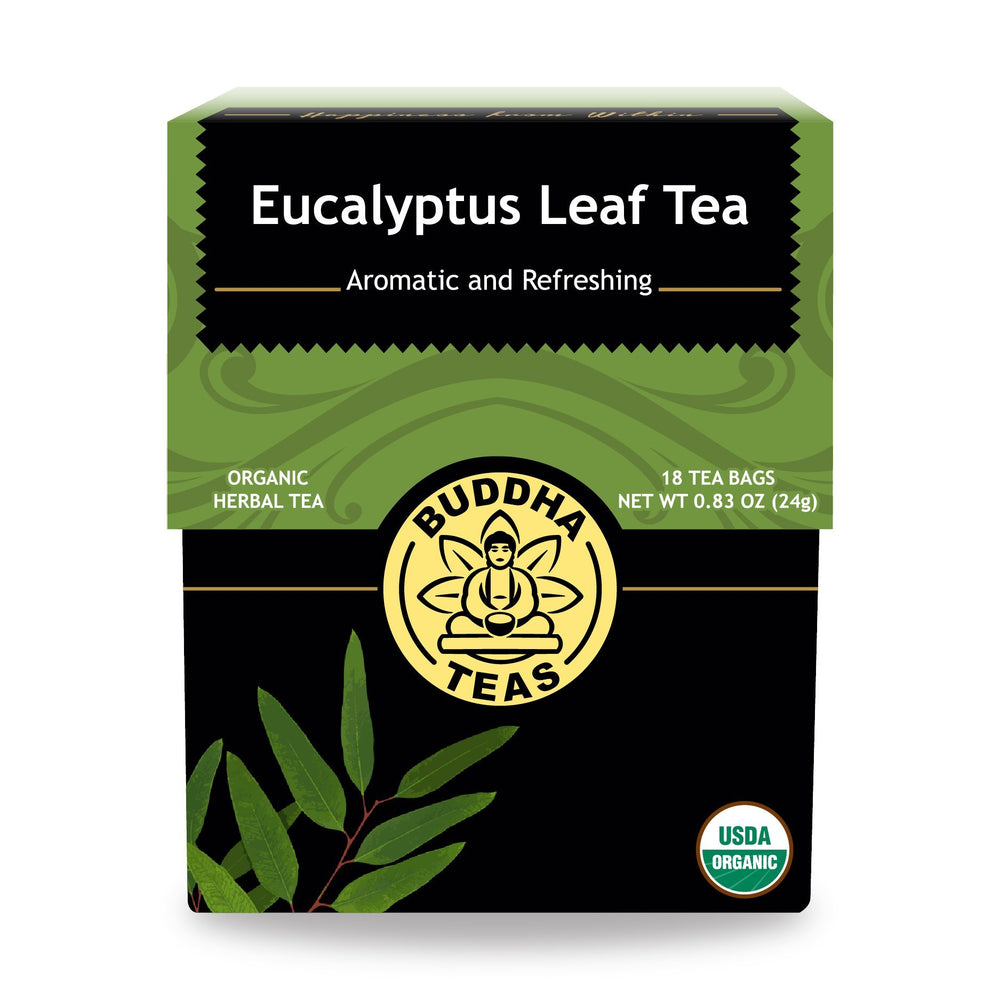 Buddha Teas Organic Eucalyptus Tea bag closeup—pure, caffeine-free infusion aroma.