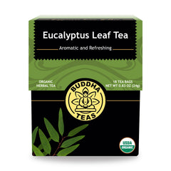 Buddha Teas Organic Eucalyptus Tea bag closeup—pure, caffeine-free infusion aroma.