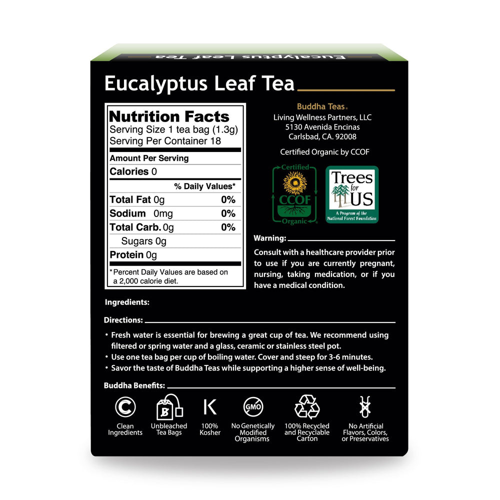 Buddha Teas Organic Eucalyptus Tea cup steeping—aromatic steam and soothing flavor in every pour.