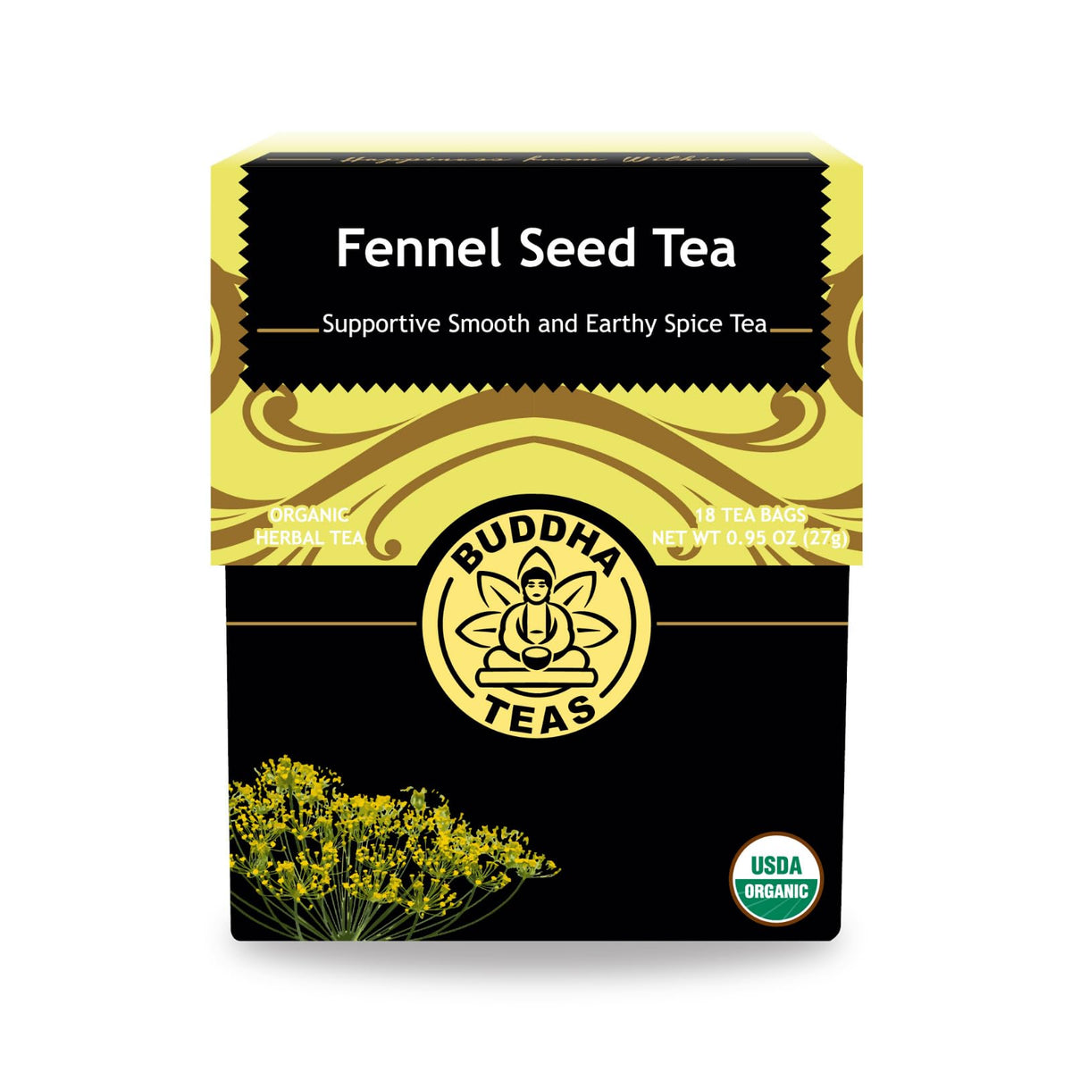 Buddha Teas organic fennel seed tea pack showing a single-ingredient blend for digestion
