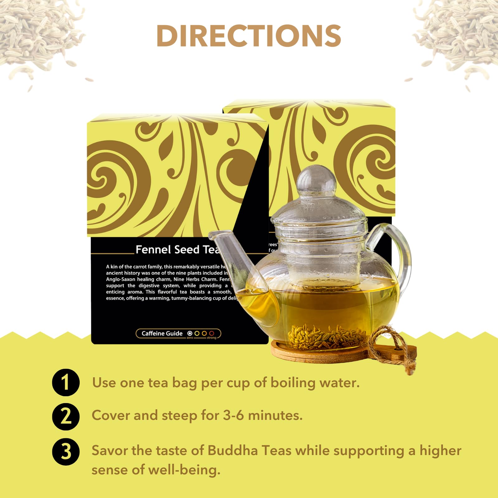 Buddha Teas organic fennel seed tea packaging box with clean ingredients