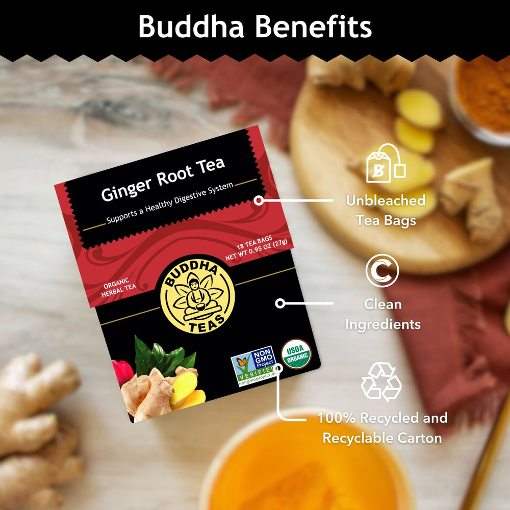 Buddha Teas organic ginger tea box on shelf signals clean ingredients.