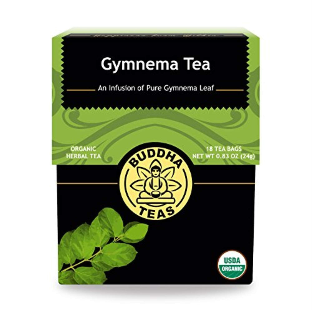 Buddha Teas Organic Gymnema Sylvestre tea pack, caffeine-free and kosher for daily use.