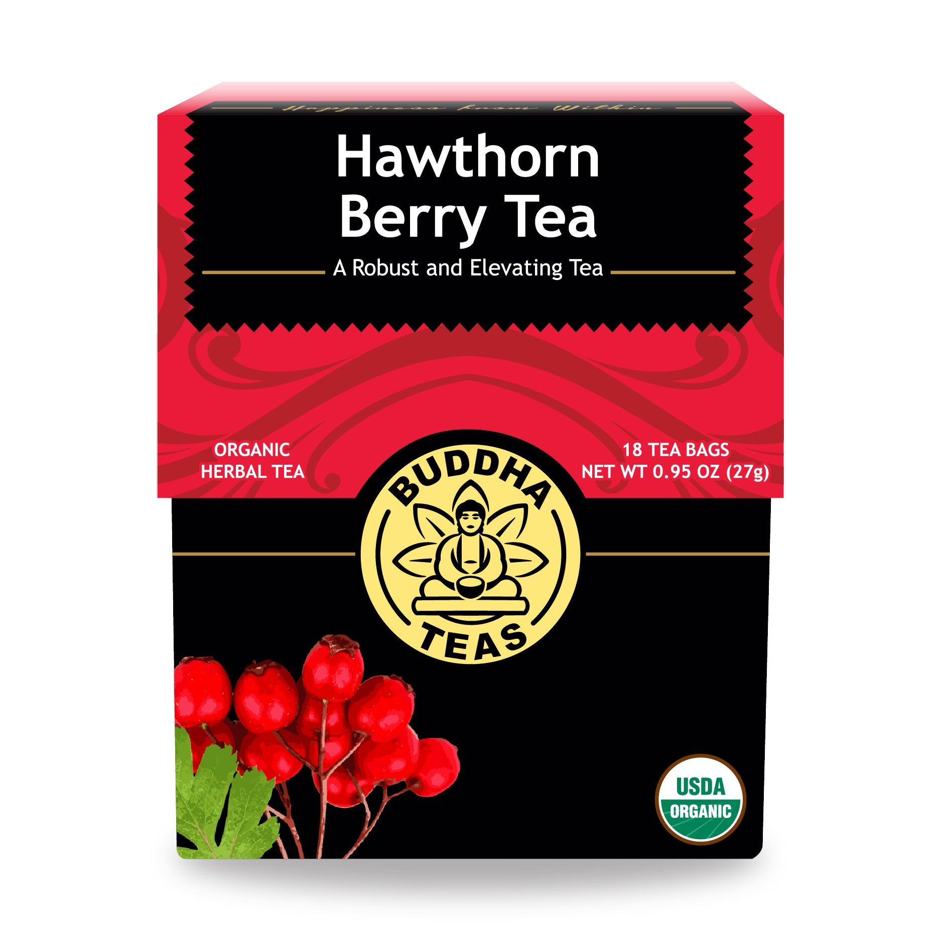 Buddha Teas Organic Hawthorn Berry Tea in a cup for a soothing moment