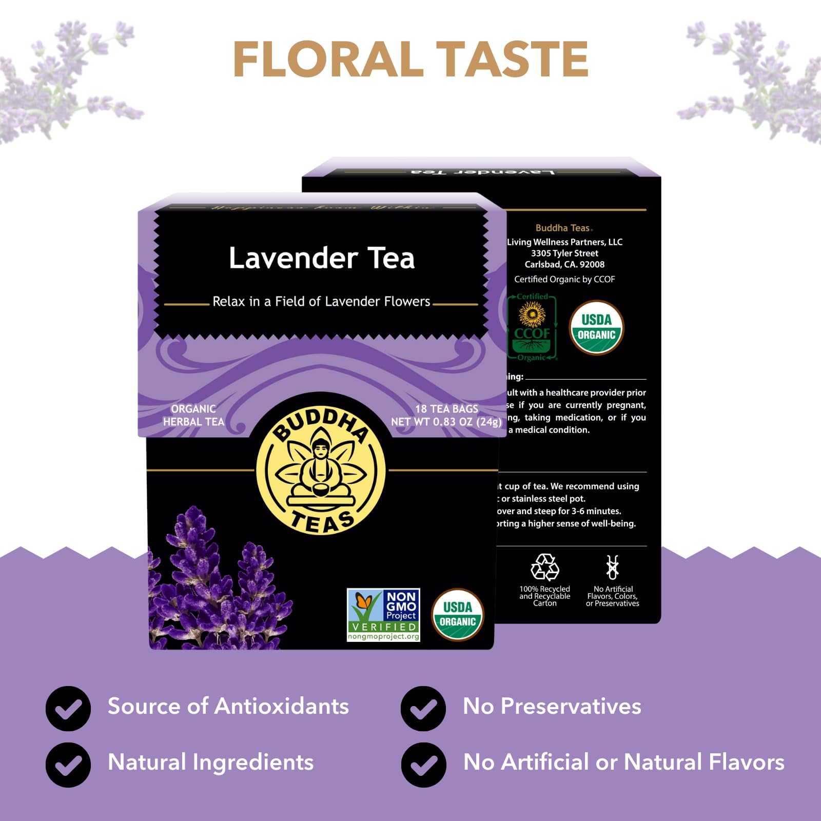 Buddha Teas Organic Lavender Tea bags, ready to steep into a soothing hot or iced brew.