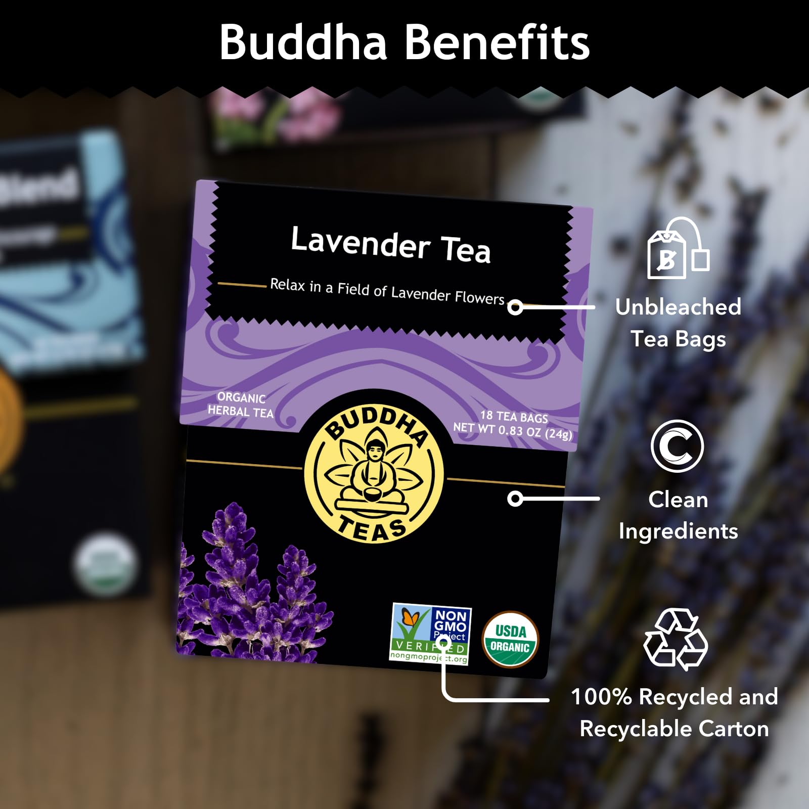 Buddha Teas Organic Lavender Tea certifications label, signaling organic and kosher quality.