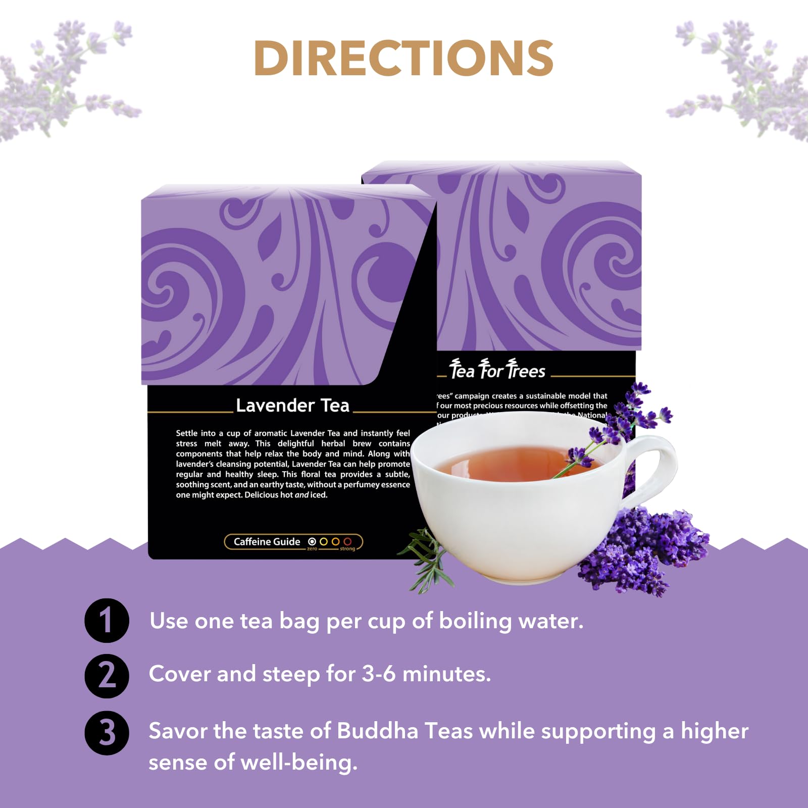 Buddha Teas Organic Lavender Tea dried lavender visuals, inviting a fragrant, mindful ritual.