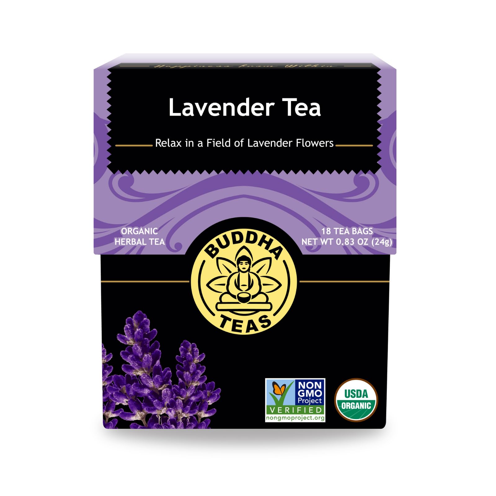 Buddha Teas Organic Lavender Tea pack on a wooden table, caffeine-free aroma for a calming moment.