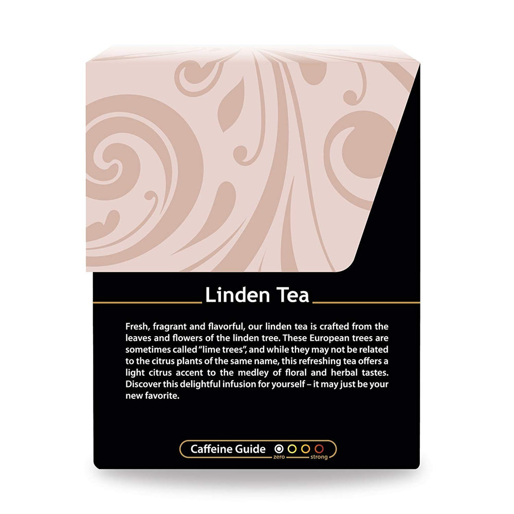 Buddha Teas Organic Linden Tea tea bags emphasize 100% bleach-free, eco-friendly brewing.