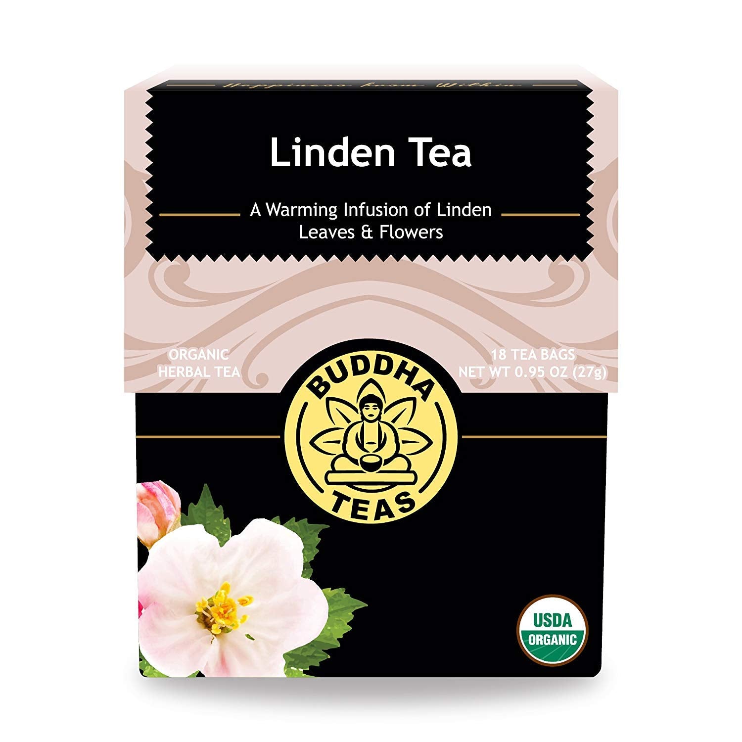 Buddha Teas Organic Linden Tea packaging highlights sustainable, bleach-free bags.