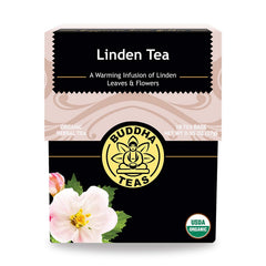 Buddha Teas Organic Linden Tea packaging highlights sustainable, bleach-free bags.