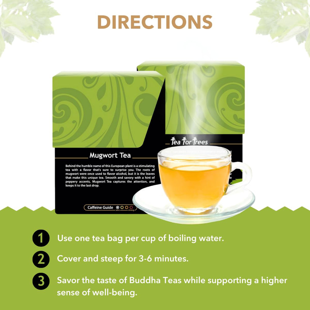Buddha Teas Mugwort Tea bag ready to steep for a smooth cup