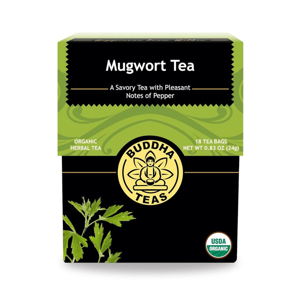 Buddha Teas Organic Mugwort Tea bags ready for a calming ritual