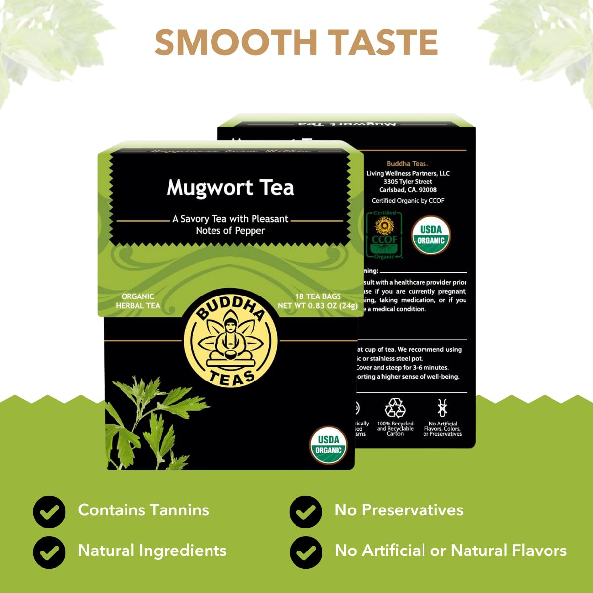 Buddha Teas Organic Mugwort Tea leaves close up show natural texture