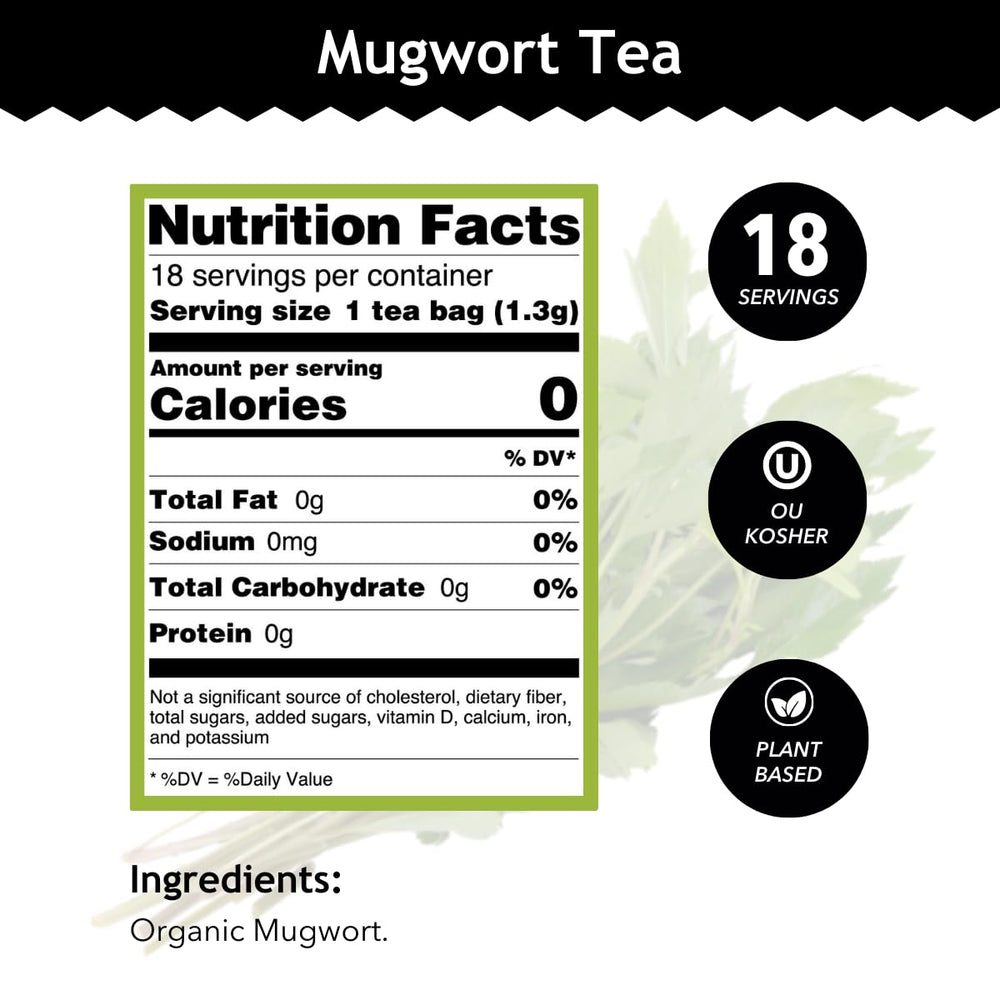 Steaming cup of Buddha Teas Organic Mugwort Tea releasing soothing aroma