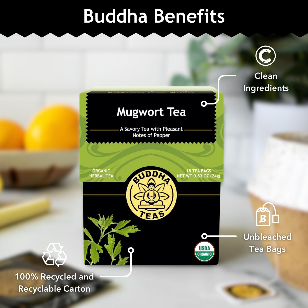Packaging highlights organic and bleach-free bags for Buddha Teas Mugwort Tea