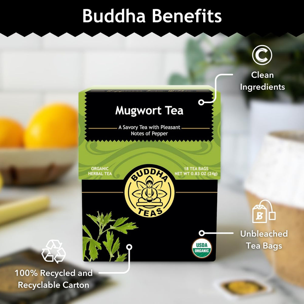 Packaging highlights organic and bleach-free bags for Buddha Teas Mugwort Tea