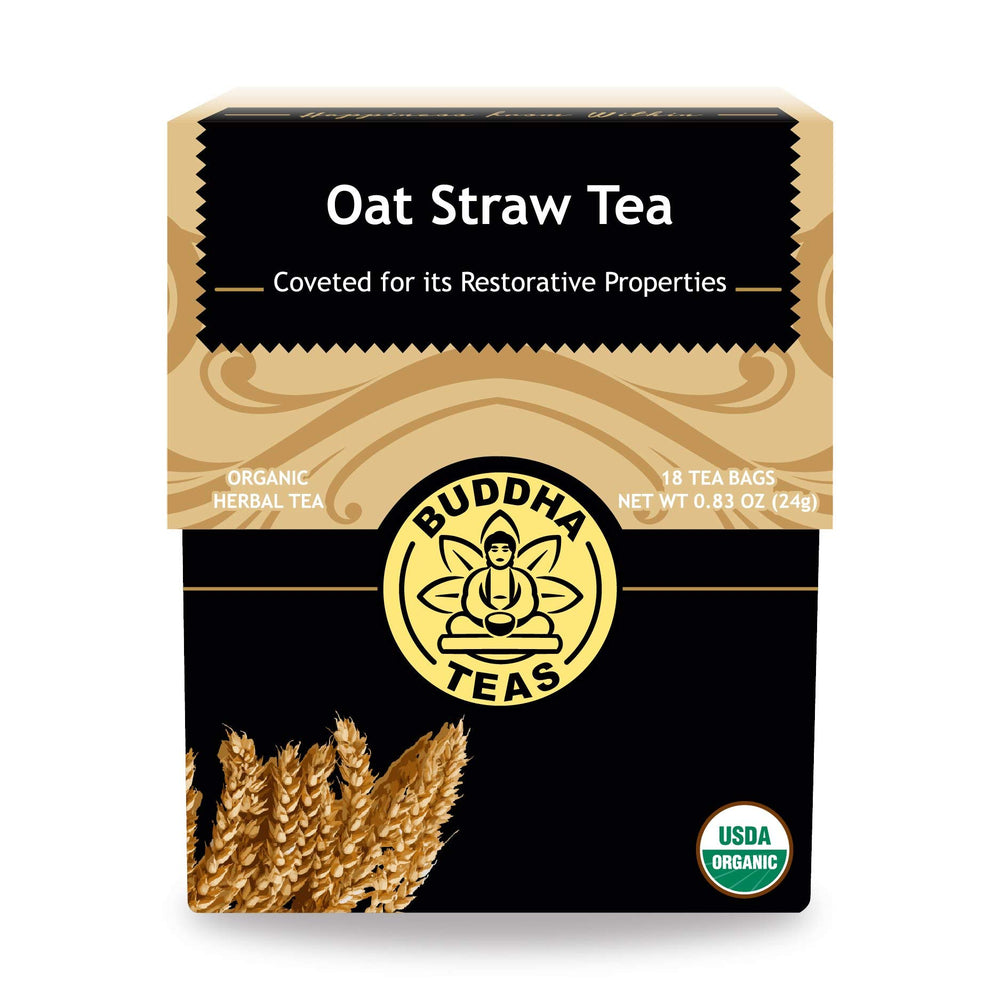 Buddha Teas Organic Oat Straw Tea pack shows calming herbal blend ready to brew.