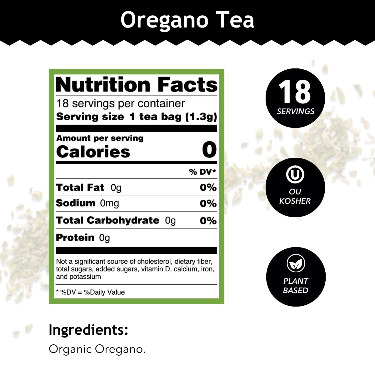 Buddha Teas Organic Oregano Tea cup steeping reveals warm aroma and savory flavor.