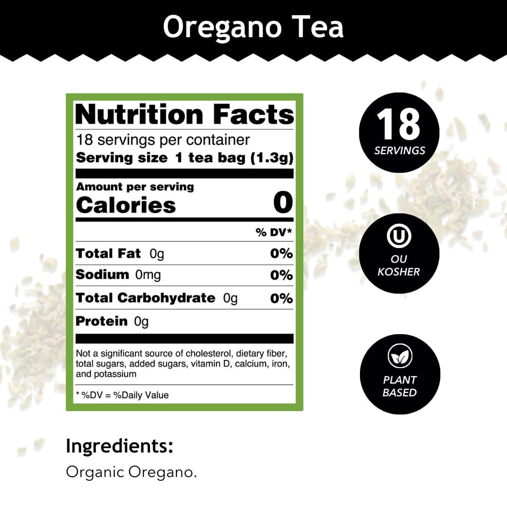 Buddha Teas Organic Oregano Tea cup steeping reveals warm aroma and savory flavor.