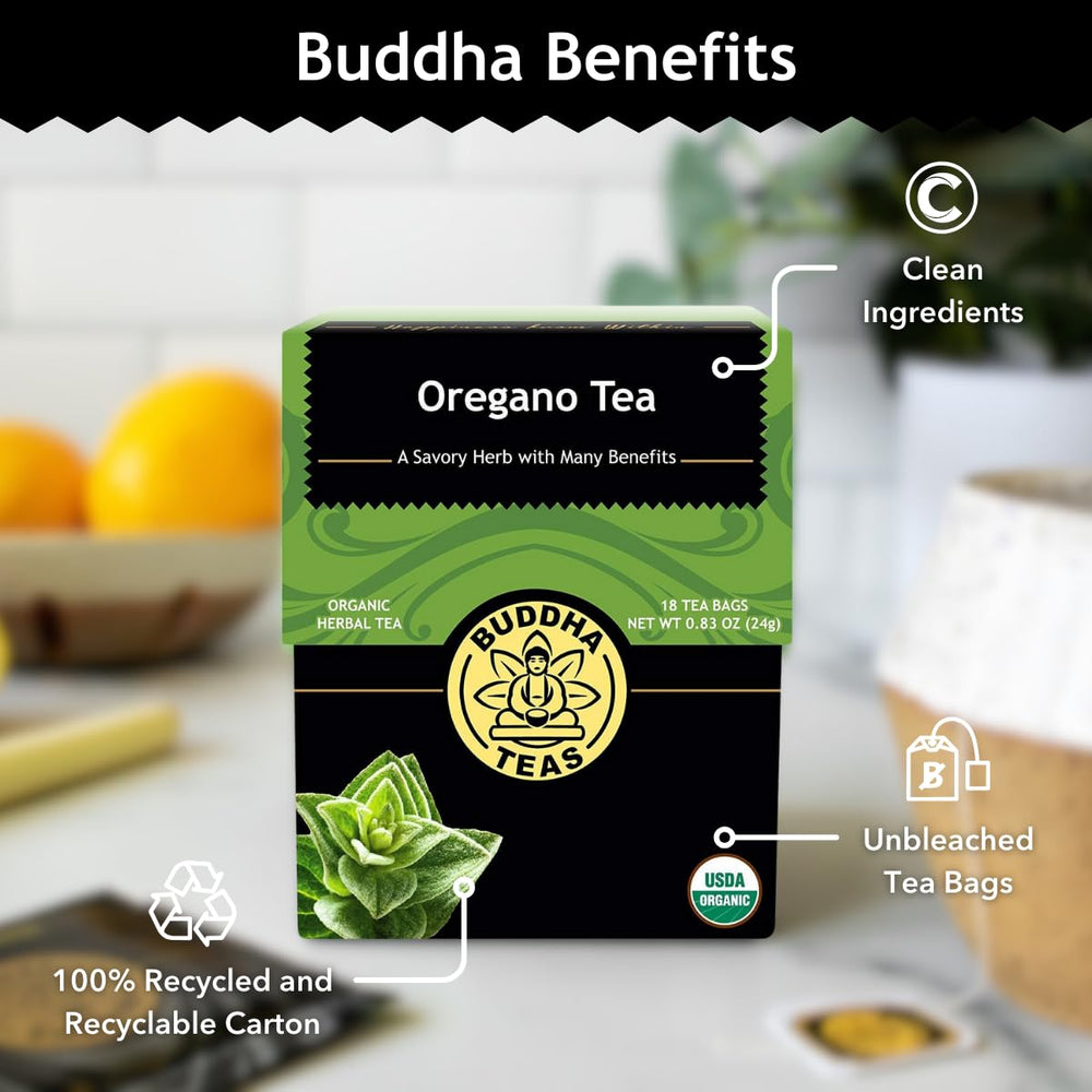 Steeping cup with Buddha Teas Organic Oregano Tea displays golden hue and inviting aroma.
