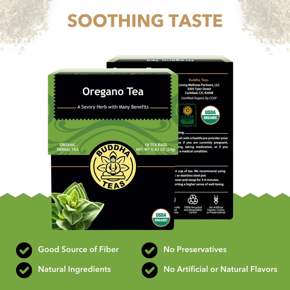 Buddha Teas Organic Oregano Tea tea bags offer a clean, caffeine-free brew.