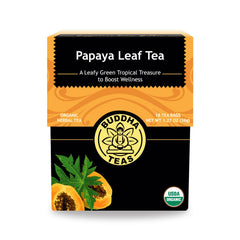 Buddha Teas Organic Papaya Leaf Tea pack closeup, caffeine-free herbal option.