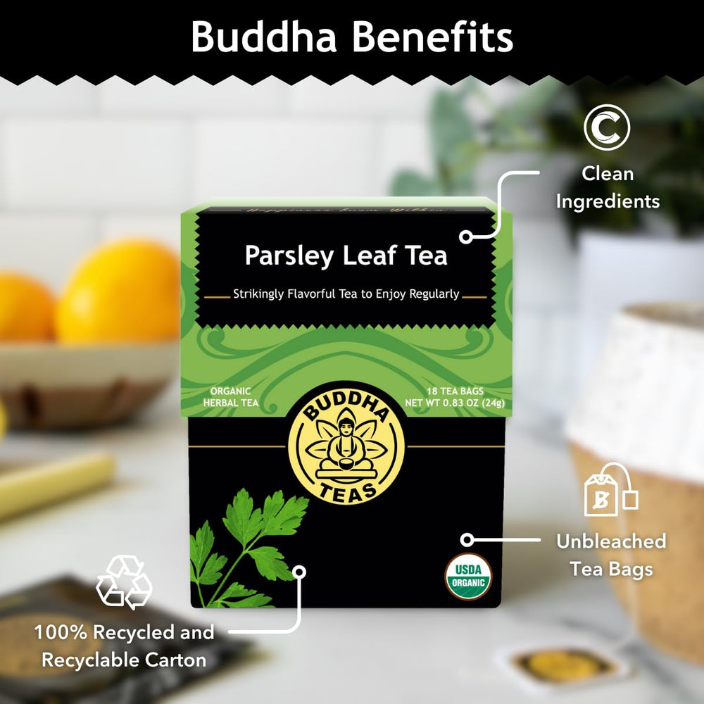 Buddha Teas parsley leaf tea leaf closeup, highlighting organic, antioxidant-rich leaves.