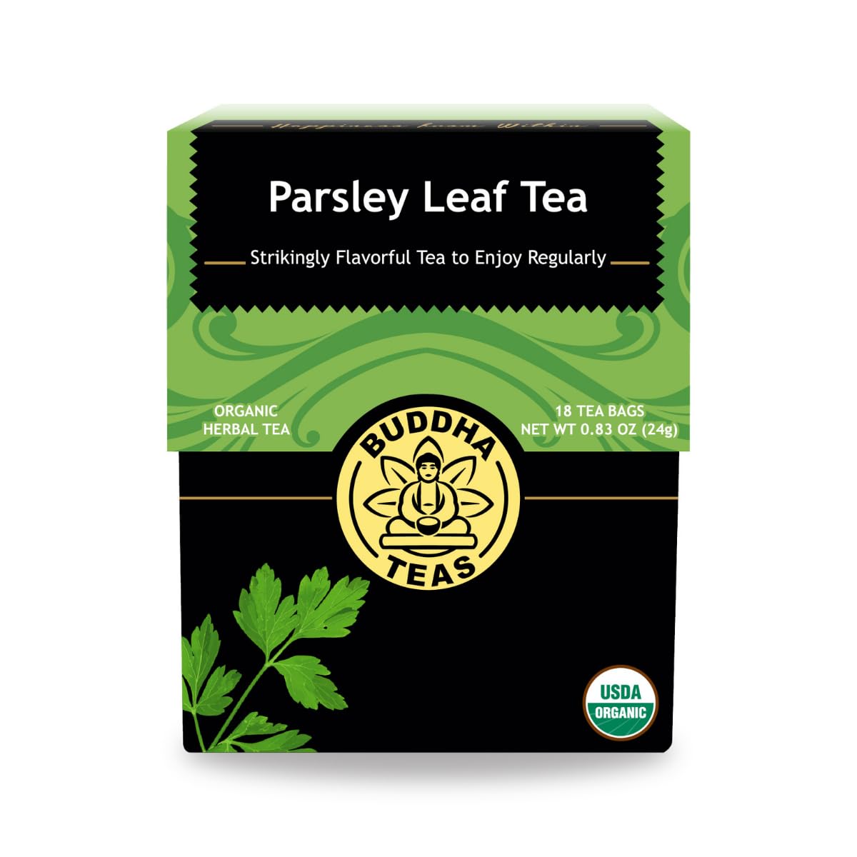 Buddha Teas Organic Parsley Leaf Tea packaging shown, a caffeine-free herbal option.