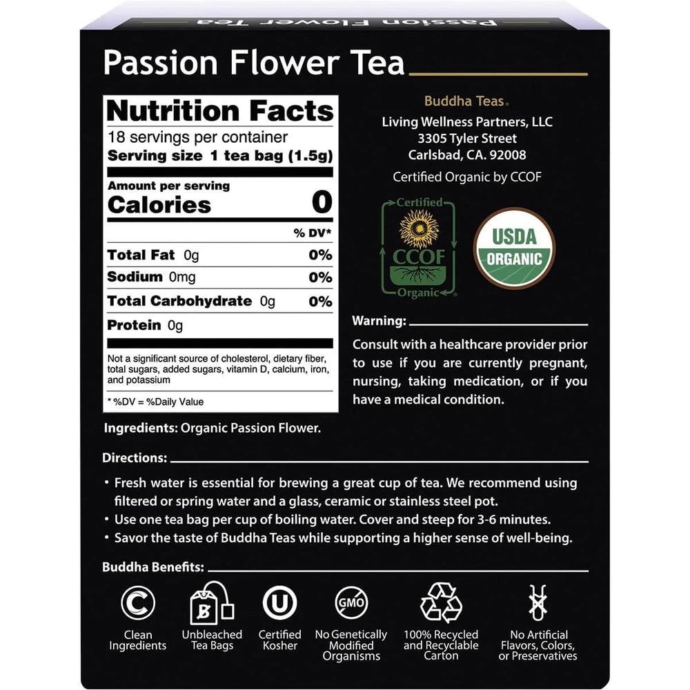 Cup of Buddha Teas Organic Passion Flower Tea steeped to a calm, floral aroma