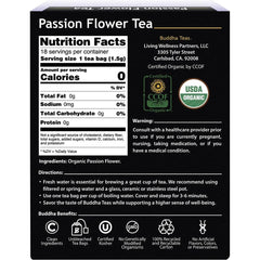 Cup of Buddha Teas Organic Passion Flower Tea steeped to a calm, floral aroma
