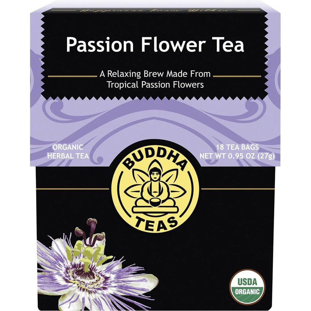 Buddha Teas Organic Passion Flower Tea packaging showing 18 bleach-free bags