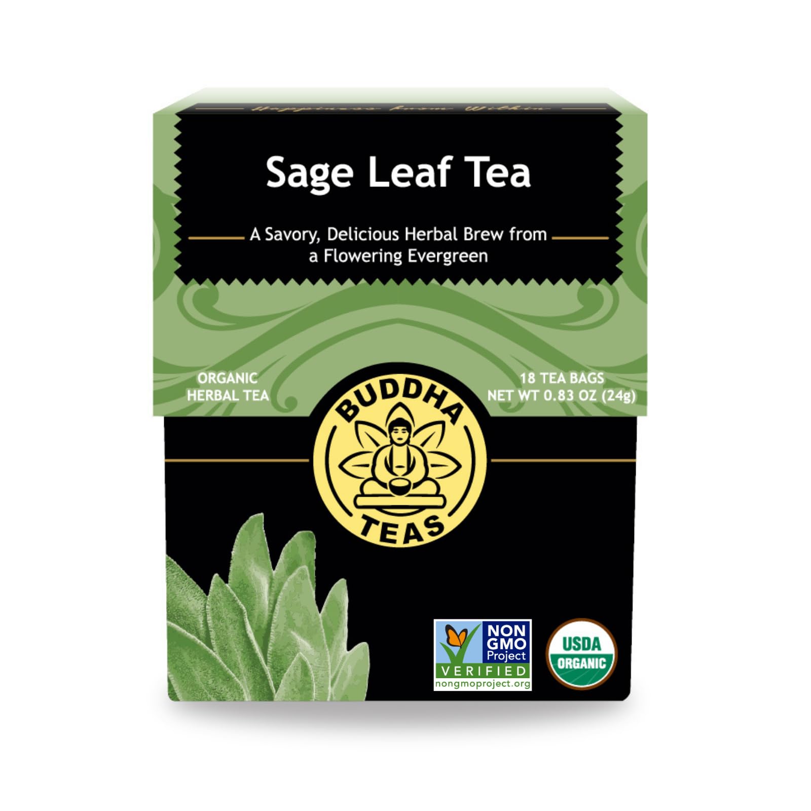 Buddha Teas Organic Sage Leaf Tea bags ready for a caffeine-free brew