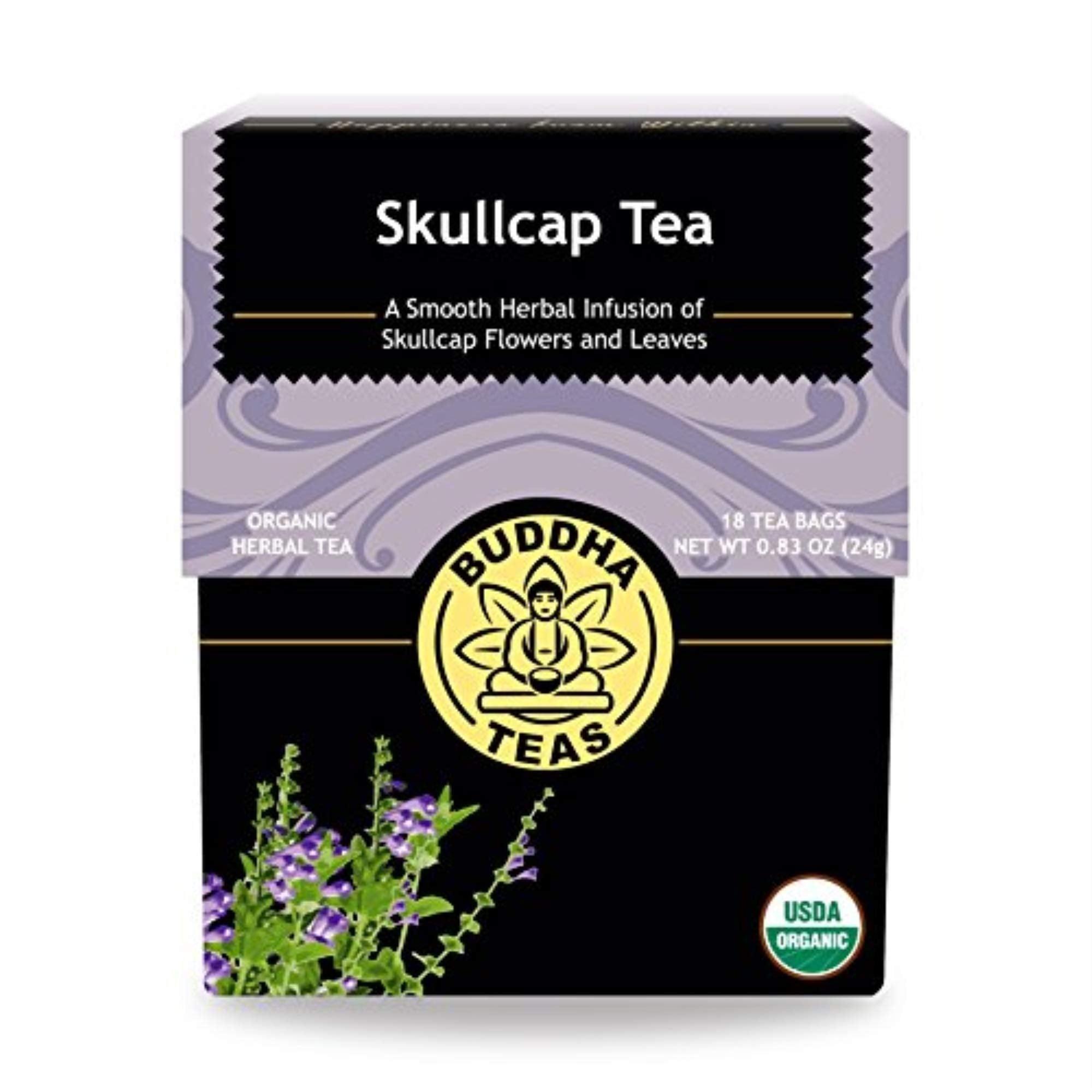 Buddha Teas Organic Skullcap Tea bags ready for a soothing brew
