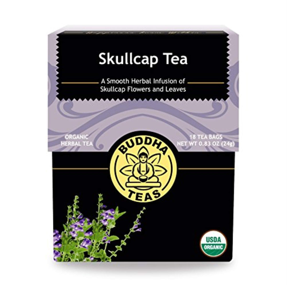 Buddha Teas Organic Skullcap Tea bags ready for a soothing brew