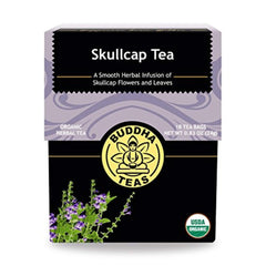 Buddha Teas Organic Skullcap Tea bags ready for a soothing brew