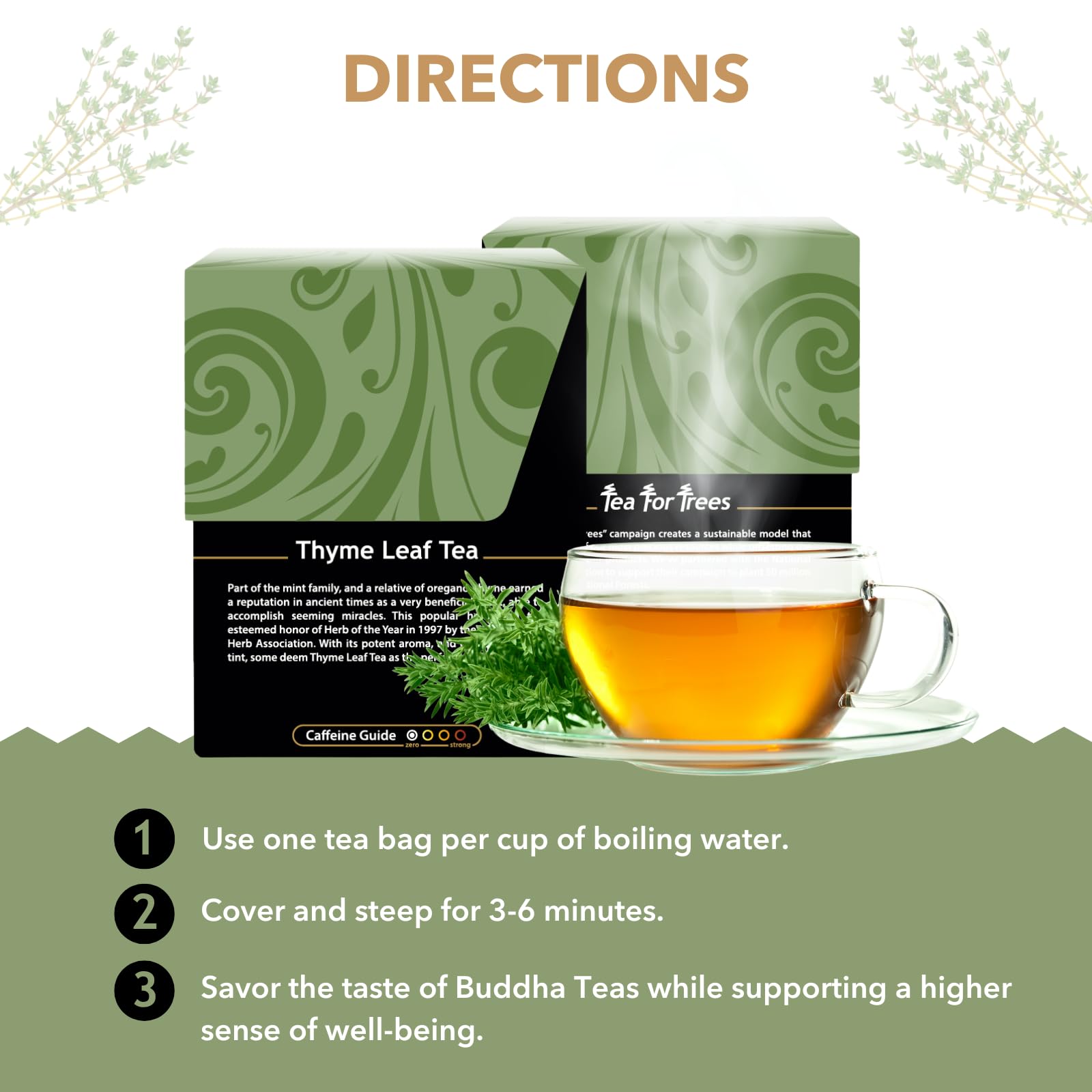 Buddha Teas Organic Thyme features antioxidants for daily wellness.