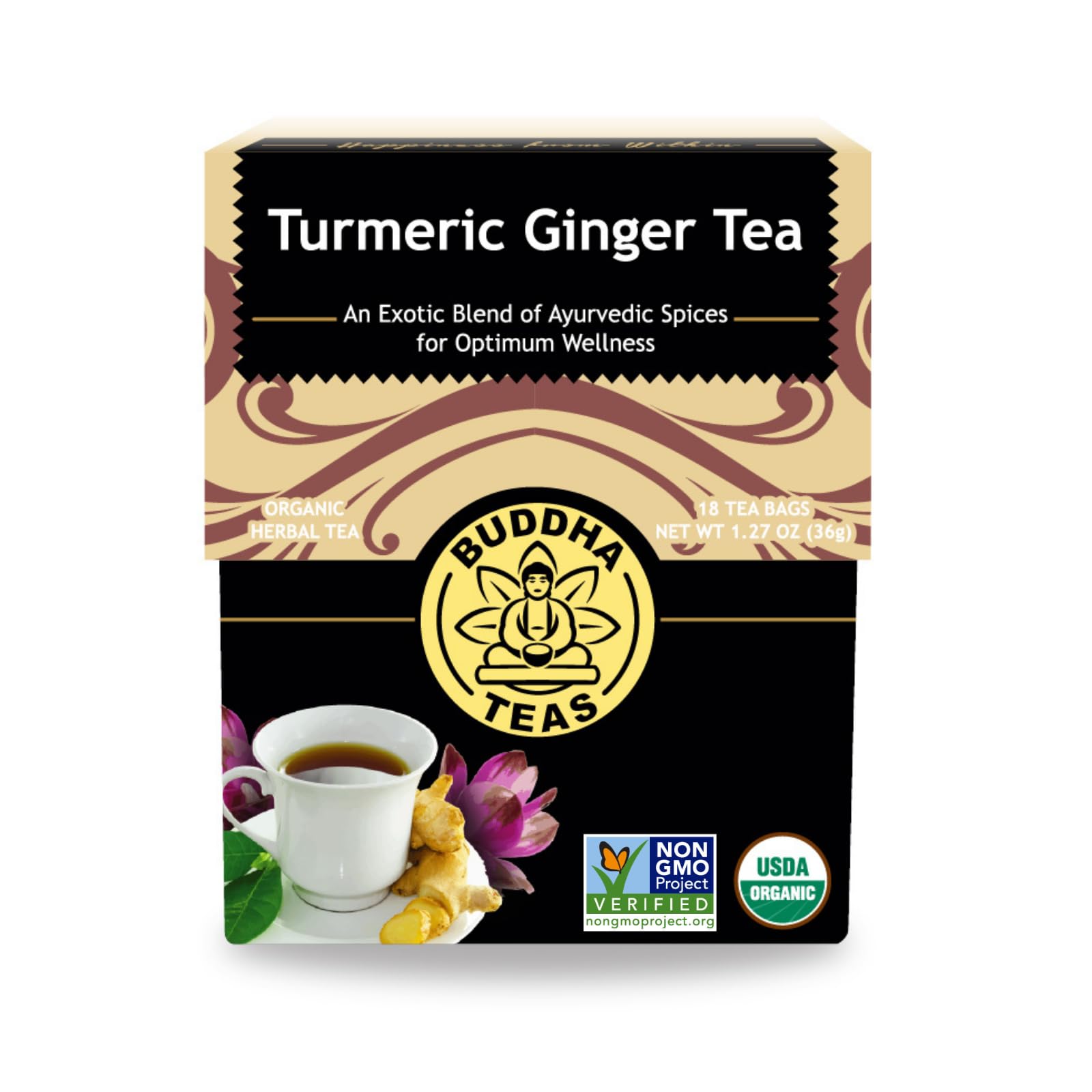 Buddha Teas Organic Turmeric Ginger Tea bags ready to brew for a warming, caffeine-free cup.