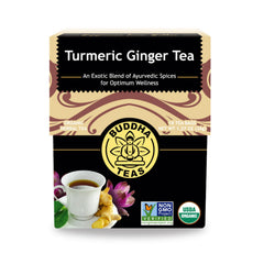 Buddha Teas Organic Turmeric Ginger Tea bags ready to brew for a warming, caffeine-free cup.