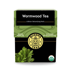 Buddha Teas Organic Wormwood Tea pack highlighting antioxidant-rich herbal blend.